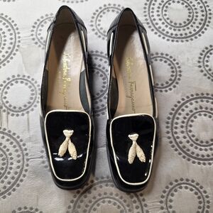 Salvatore Ferragamo Black and Ivory Patent Leather Tassel Loafer‎ Size 4 1/2 B